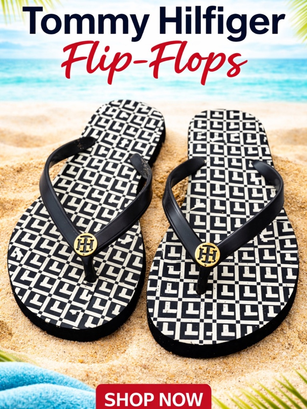 Tommy Hilfiger Black & White Logo Pattern Flip-Flops